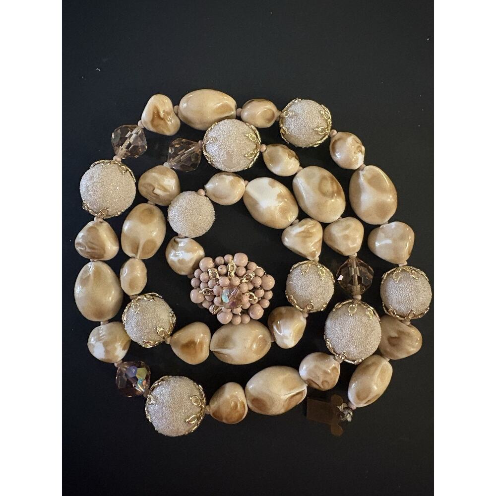 Vintage Japanese Necklace Natural Stones Sugared Pearls Framed W/ Gold Details - Picture 4 of 6